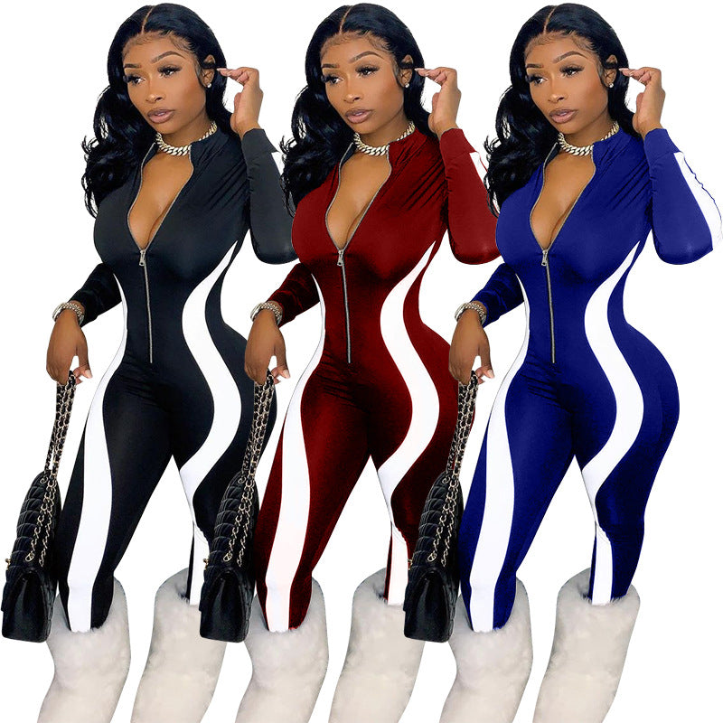 Women's Casual One Piece Stripe Patchwork Long Sleeve Zipper V Neck Workout Fitness Jumpsuit Sizes S-4XL Brought To You By Officially Sexy