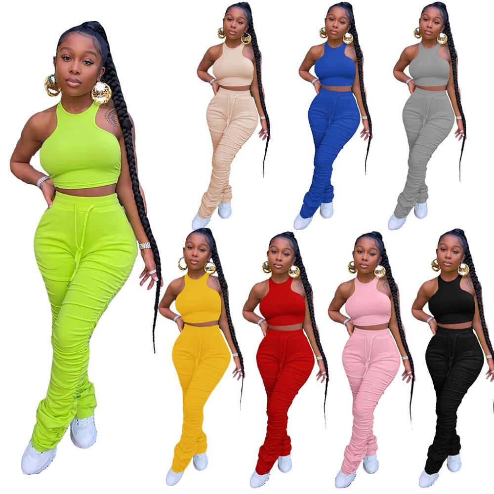 Women's Stacked Leggings & Sleeveless Crop Top 2 Two Piece Tracksuit Sets