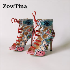 Women's Summer Colorful Embroider High Heel Lace Up Sandals