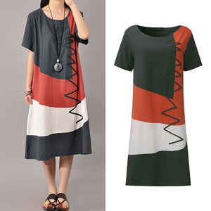 Women's Vintage Color Stitching Plus Size Short Sleeve Maxi Dresses