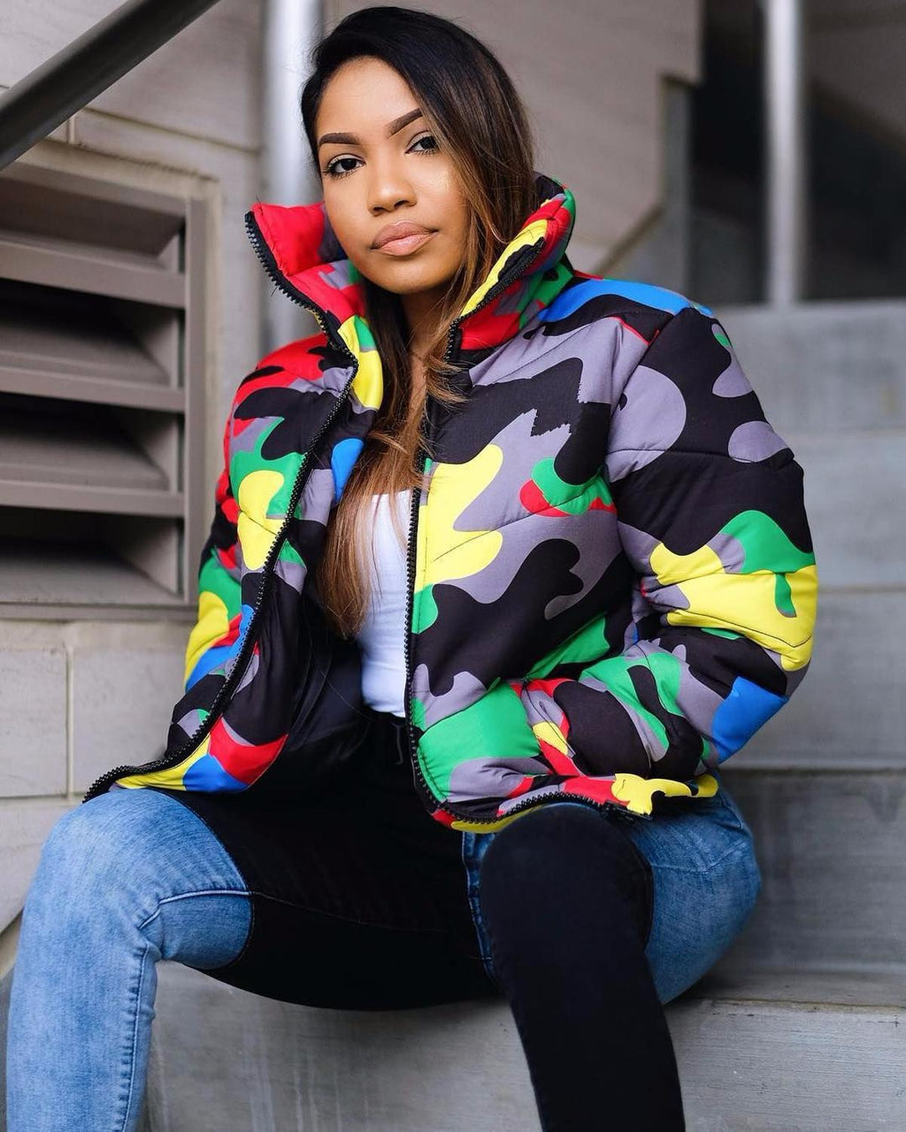 Women's Winter Thick Warm Short Parka Coat - Multi Colored Camouflage Jacket