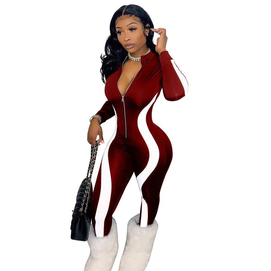 Women's Casual One Piece Stripe Patchwork Long Sleeve Zipper V Neck Workout Fitness Jumpsuit Sizes S-4XL Brought To You By Officially Sexy