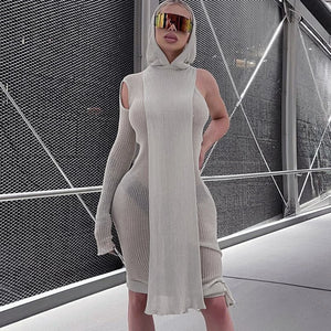 Asymmetric Skinny Ribbed Hooded Streetwear Midi Dress