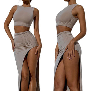 Women's Sexy Sleeveless Crop & High Waist Long Split Thigh Slit Skirt Two-Piece Set