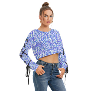 Officially Sexy Blue Stitched FHC Women's Long Sleeve Cropped Sweatshirt With Lace up Sleeves Right