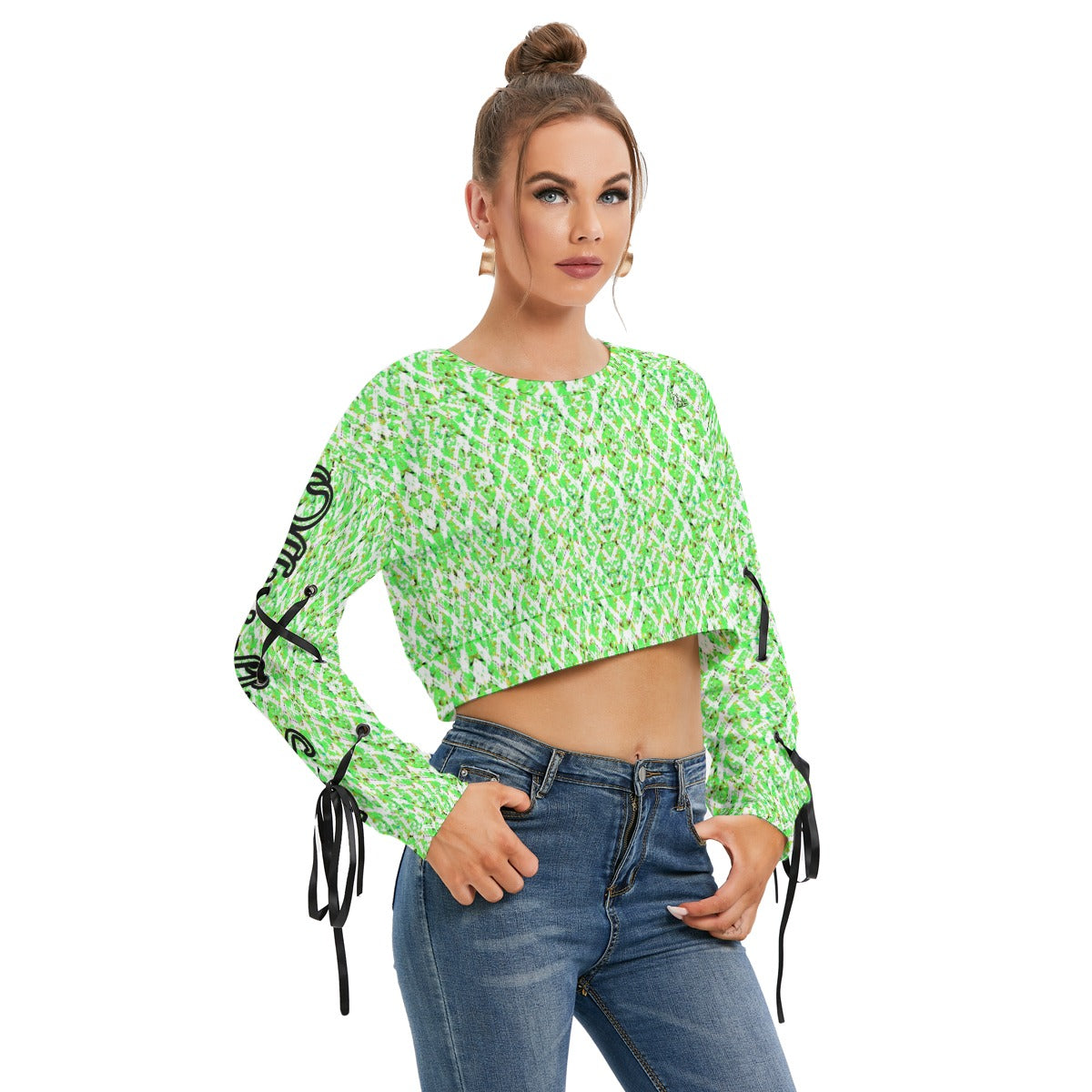 Officially Sexy Neon Green Stitched FHC Women's Long Sleeve Cropped Sweatshirt With Lace up Sleeves Right
