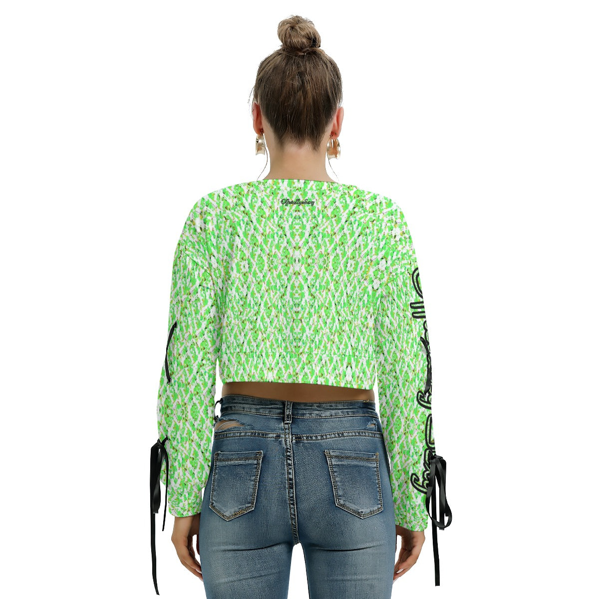 Officially Sexy Neon Green Stitched FHC Women's Long Sleeve Cropped Sweatshirt With Lace up Sleeves Back