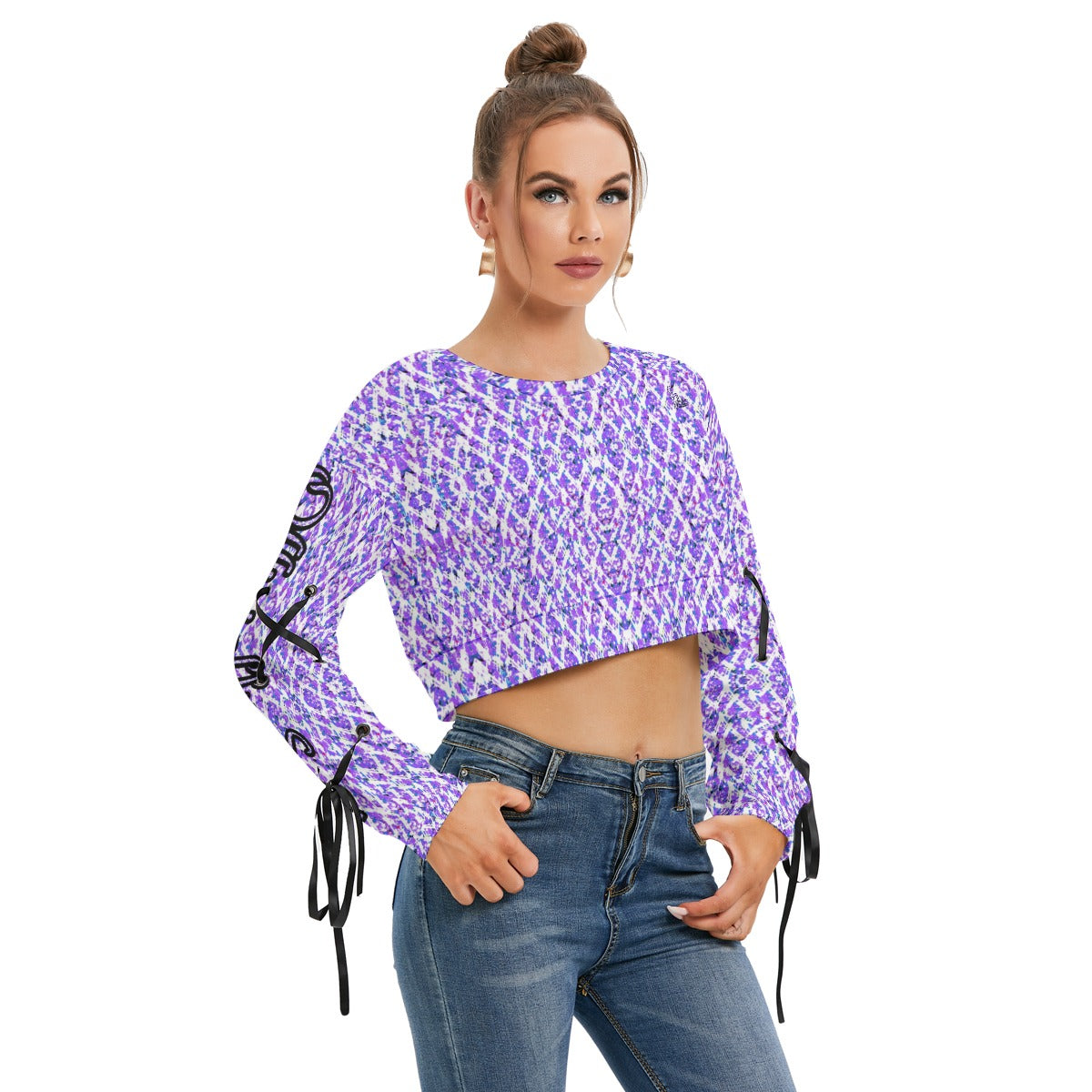 Officially Sexy Purple Stitched FHC Women's Long Sleeve Cropped Sweatshirt With Lace up Sleeves Right