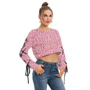 Officially Sexy Red Stitched FHC Women's Long Sleeve Cropped Sweatshirt With Lace up Sleeves Right