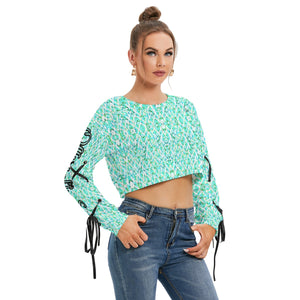 Officially Sexy Turquoise Stitched FHC Women's Long Sleeve Cropped Sweatshirt With Lace up Sleeves Right