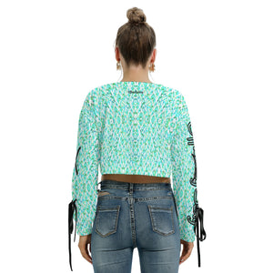 Officially Sexy Turquoise Stitched FHC Women's Long Sleeve Cropped Sweatshirt With Lace up Sleeves Back