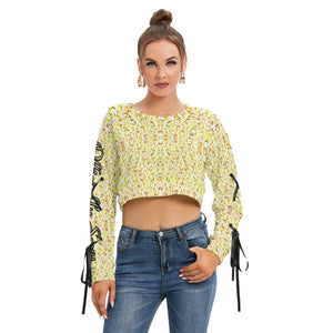 Officially Sexy Yellow Stitched FHC Women's Long Sleeve Cropped Sweatshirt With Lace up Sleeves Front