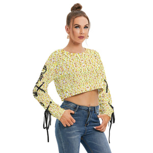Officially Sexy Yellow Stitched FHC Women's Long Sleeve Cropped Sweatshirt With Lace up Sleeves Right