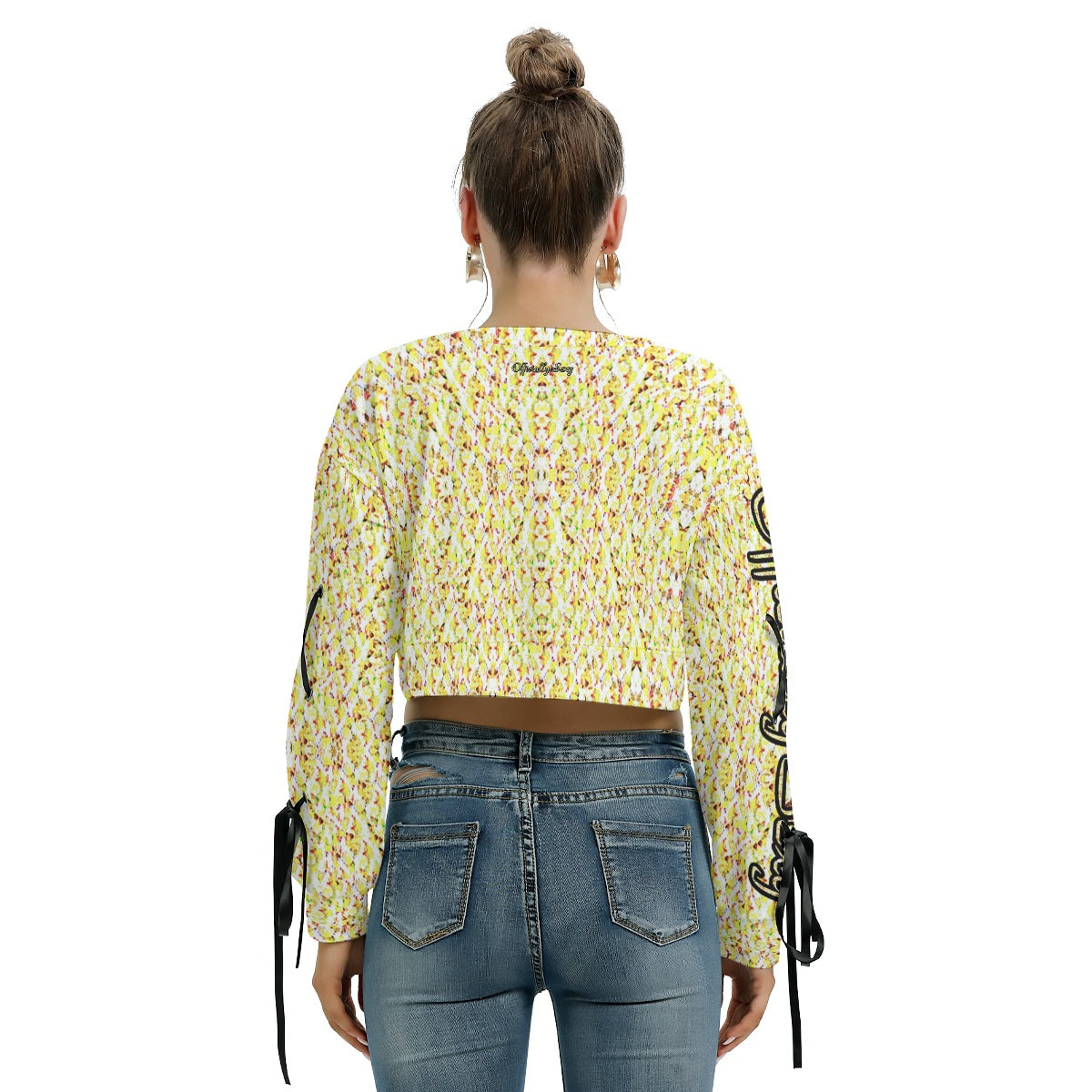 Officially Sexy Yellow Stitched FHC Women's Long Sleeve Cropped Sweatshirt With Lace up Sleeves Back