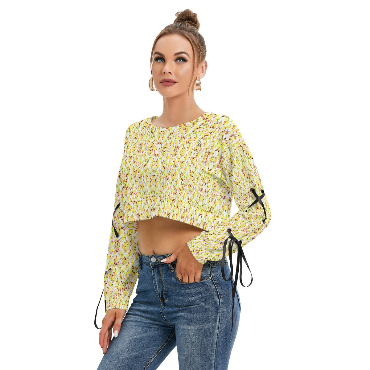 Officially Sexy Yellow Stitched FHC Women's Long Sleeve Cropped Sweatshirt With Lace up Sleeves Left