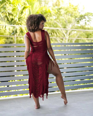 Sexy Solid Knitted Tassel Beach Lace See Through Sleeveless Split Thigh Dress