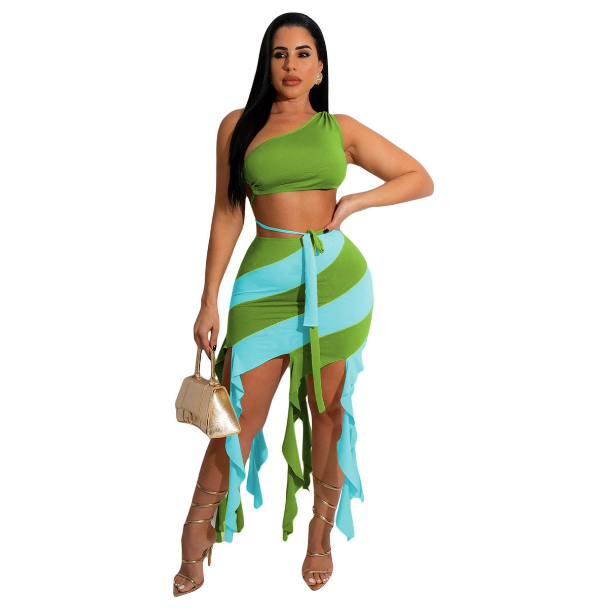 Women Sexy Summer Two Piece Backless Single Shoulder Strap Top  and Stripped Tassel Tight Mini Skirt Dress Set