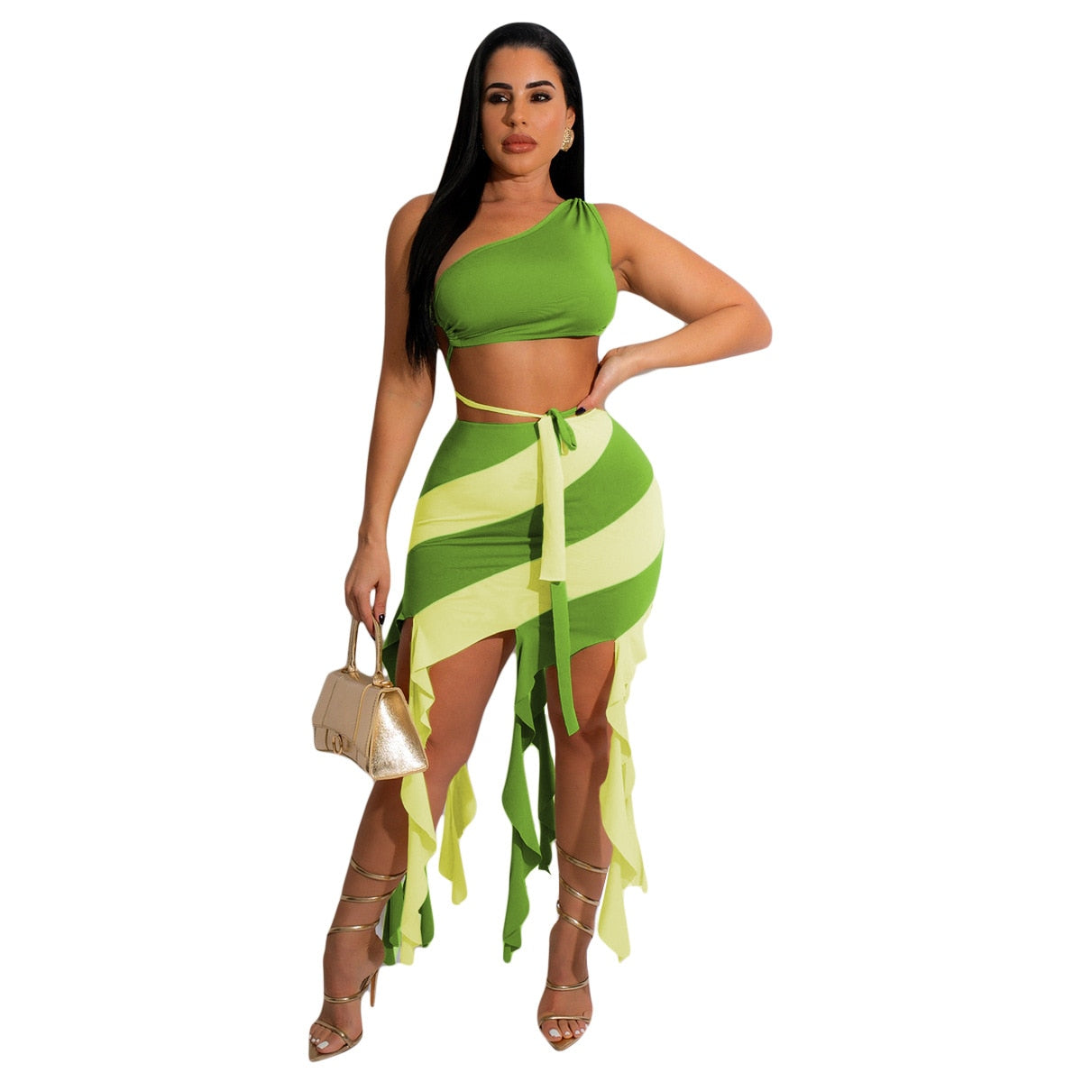 Women Sexy Summer Two Piece Backless Single Shoulder Strap Top  and Stripped Tassel Tight Mini Skirt Dress Set