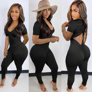Women's Sexy Long Sleeve Ruched Open Back V-neck Jumpsuit