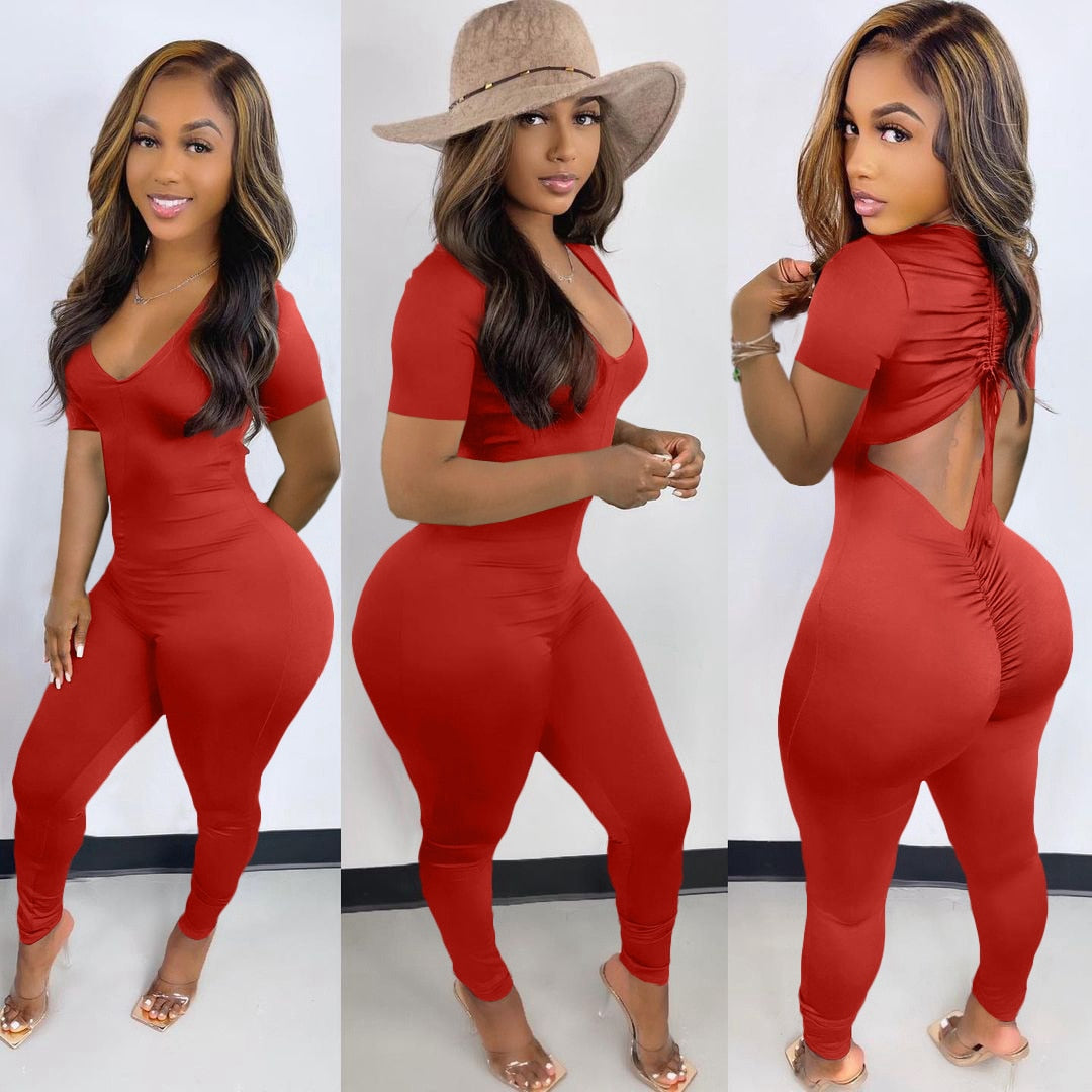 Women's Sexy Long Sleeve Ruched Open Back V-neck Jumpsuit