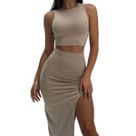 Women's Sexy Sleeveless Crop & High Waist Long Split Thigh Slit Skirt Two-Piece Set