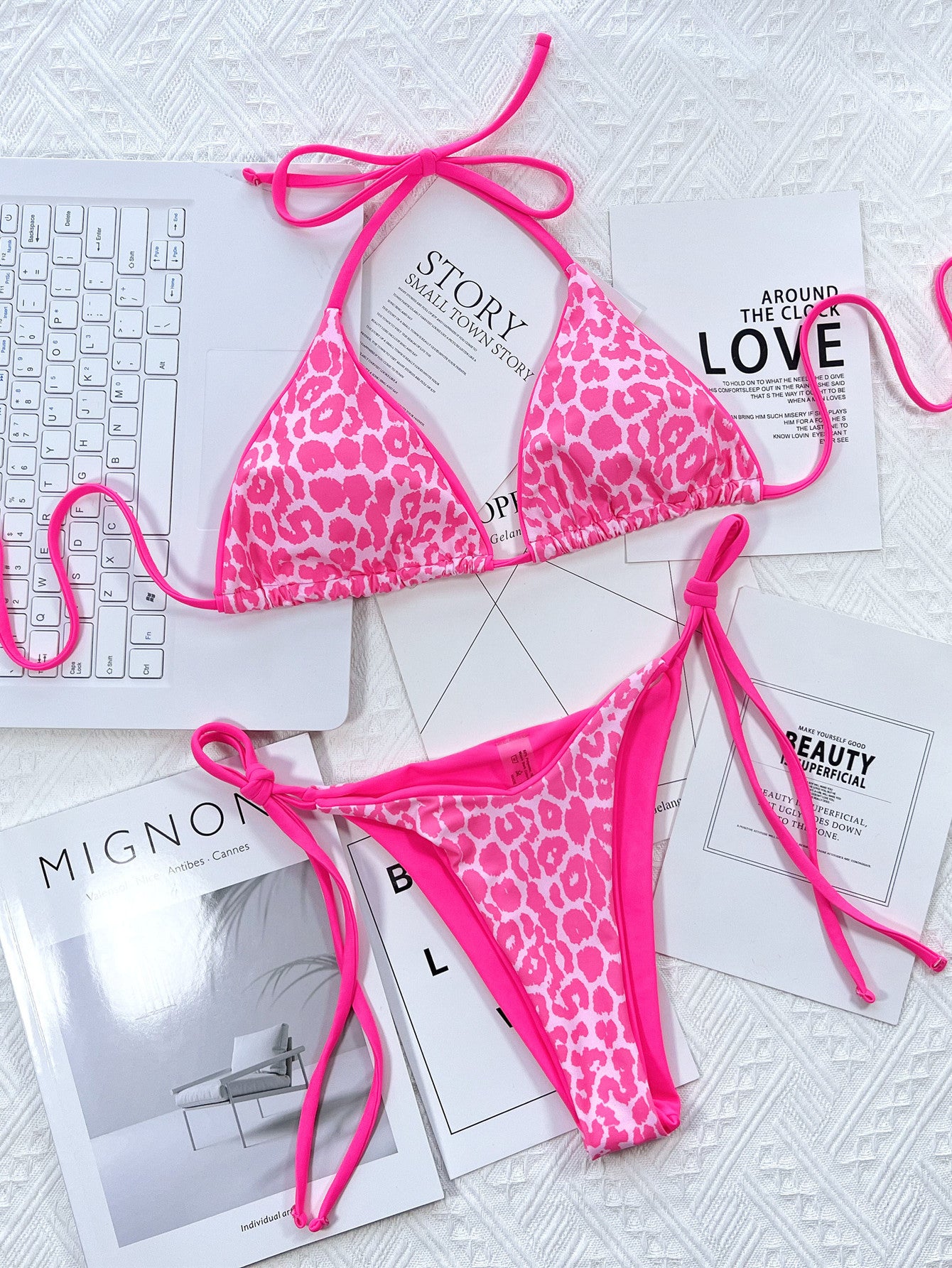 👙 Sexy Colorful Leopard Print 2 Piece Halter Top Side Tie Bikini Set 👙