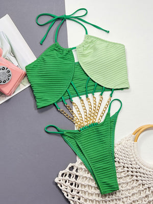 🩱  Sexy Contrasting Green One-Piece Halter Top Bikini Swimsuit With Chain Detail 👙