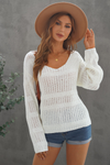 White Loose Long Sleeve V Neck Open Knit Sweater