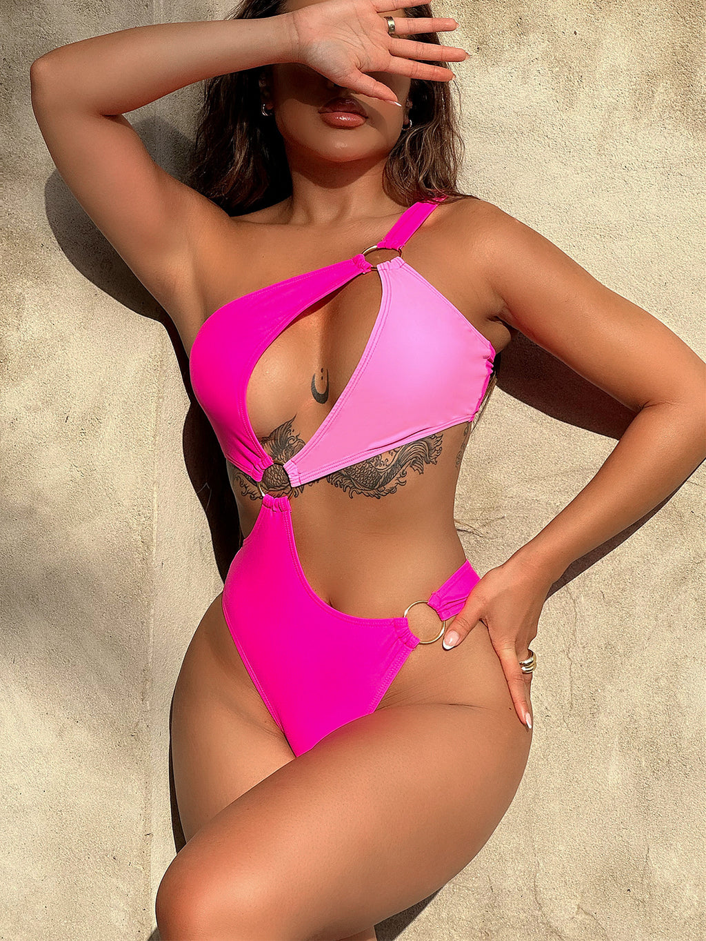 🩱 Sexy Hot Pink / Light Pink Contrasting Single-Shoulder Cutout Ring Detail One-Piece Swimsuit 🩱