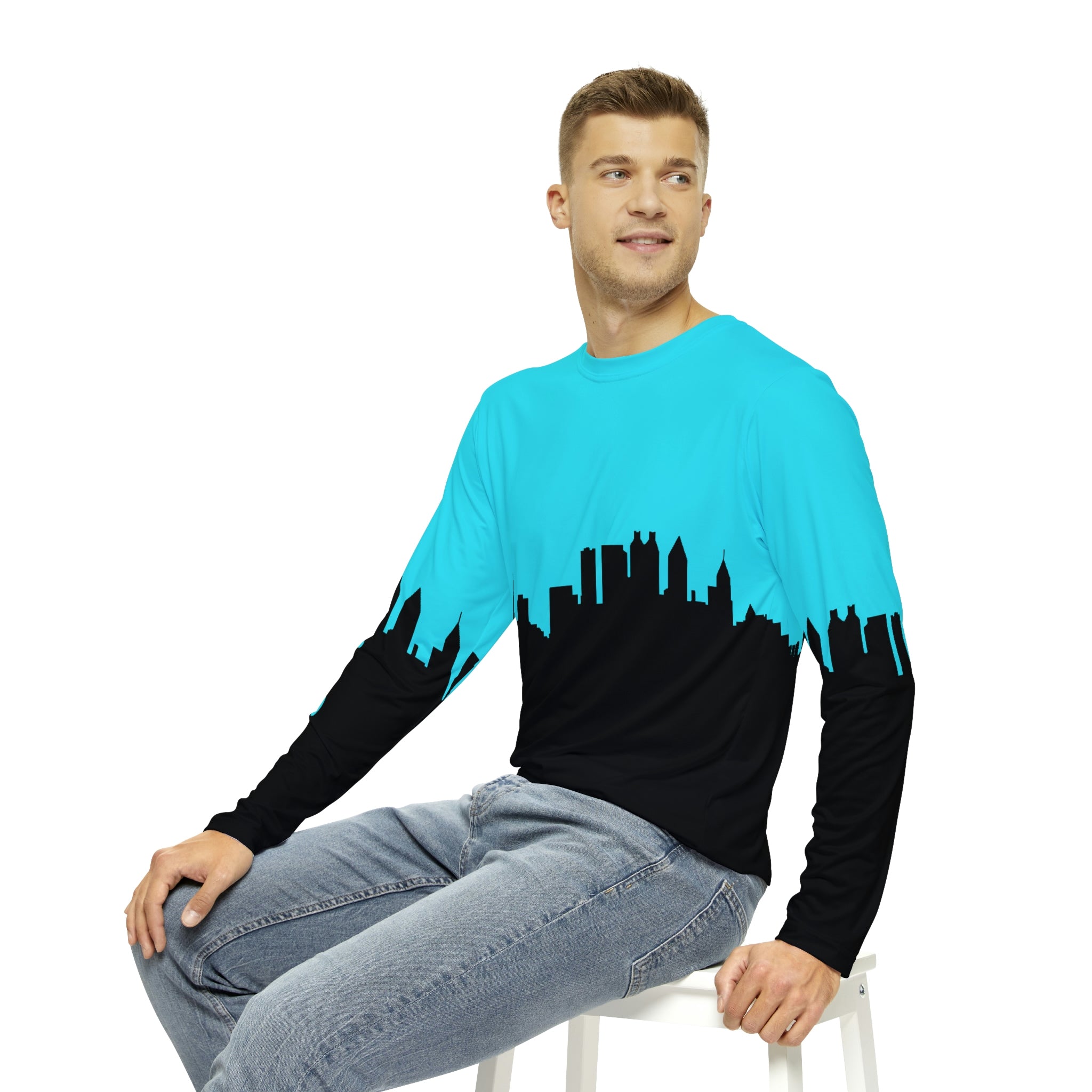 Officially Sexy Turquoise & Black Skyline Men's Long Sleeve AOP Shirt