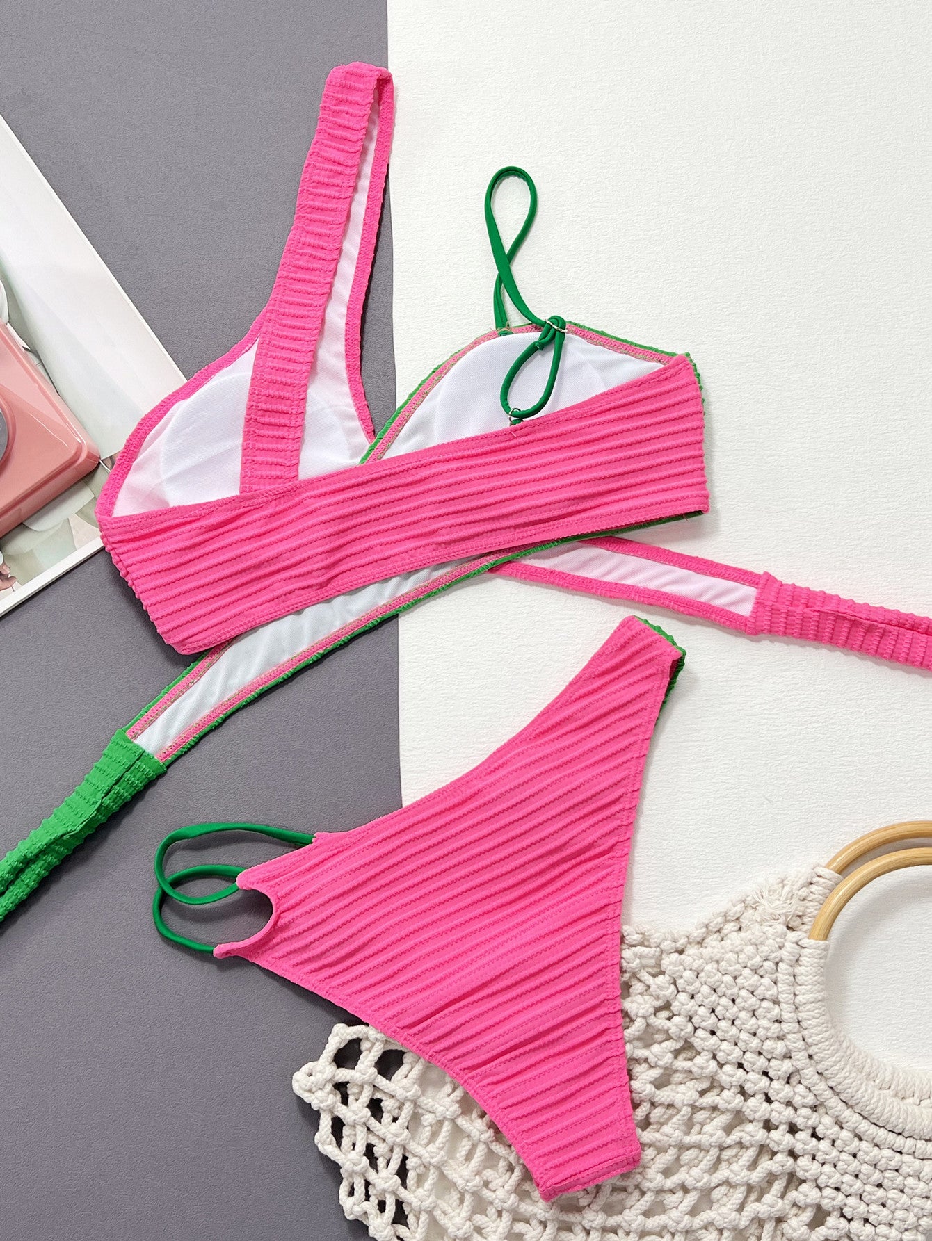👙 Sexy Hot Pink & Green Contrasting One-Shoulder Two-Piece Swim Set 👙