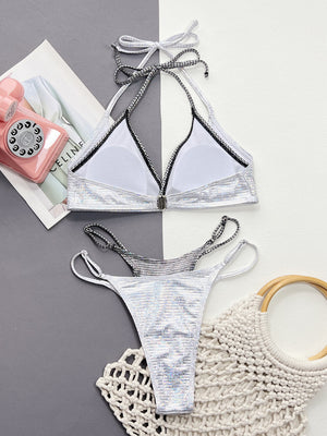 👙 Sexy Silver Faux Layered Contrasting 2 Piece Halter Top Bikini Set 👙