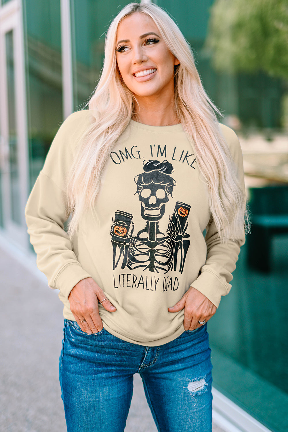 Halloween Skeleton Letter Print Crew Neck Pullover Sweatshirt Brought To You By Officially Sexy