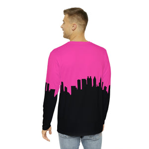 Officially Sexy Men's Neon Pink & Black Skyline Long Sleeve AOP Shirt