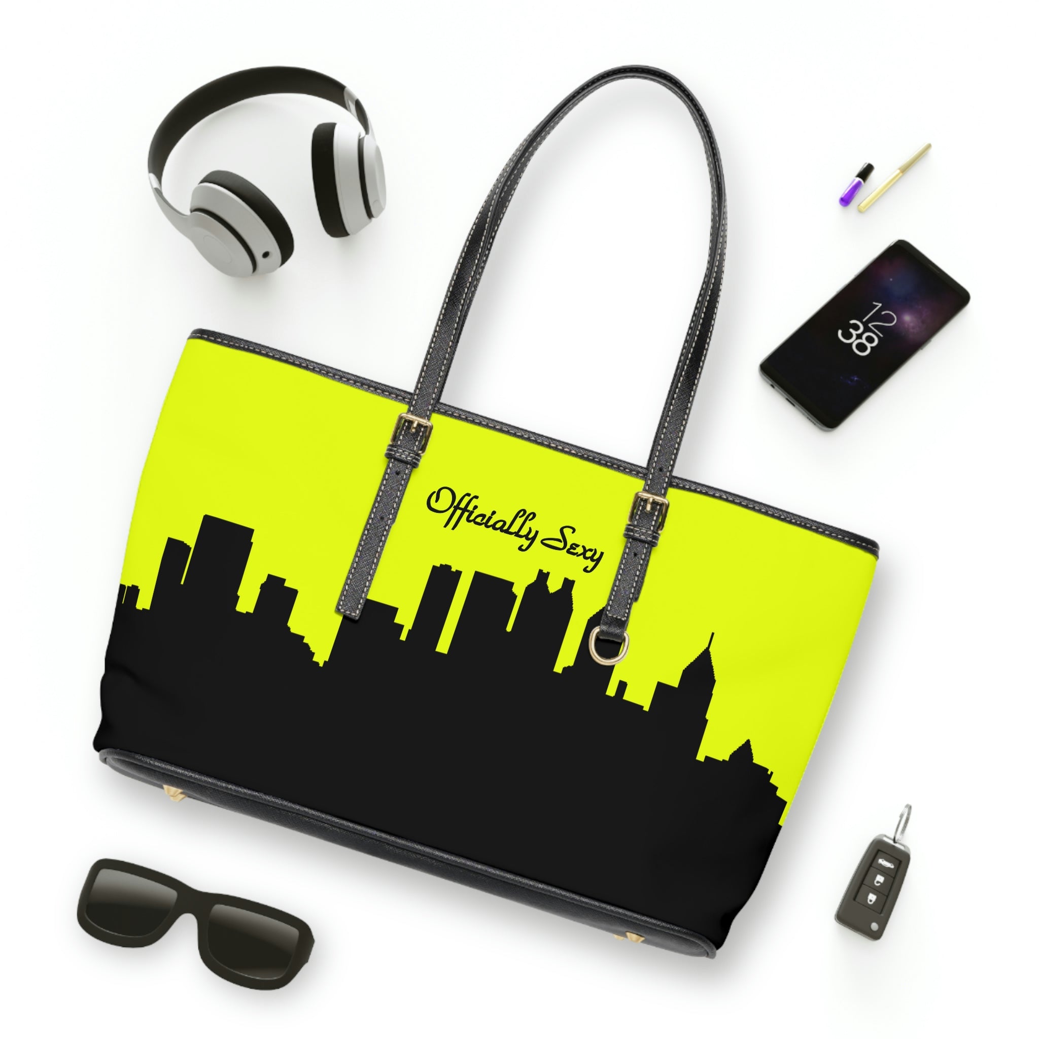Officially Sexy Neon Yellow Skyline PU Leather Shoulder Bag
