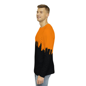 Officially Sexy Neon Orange & Black Skyline Men's Long Sleeve AOP Shirt
