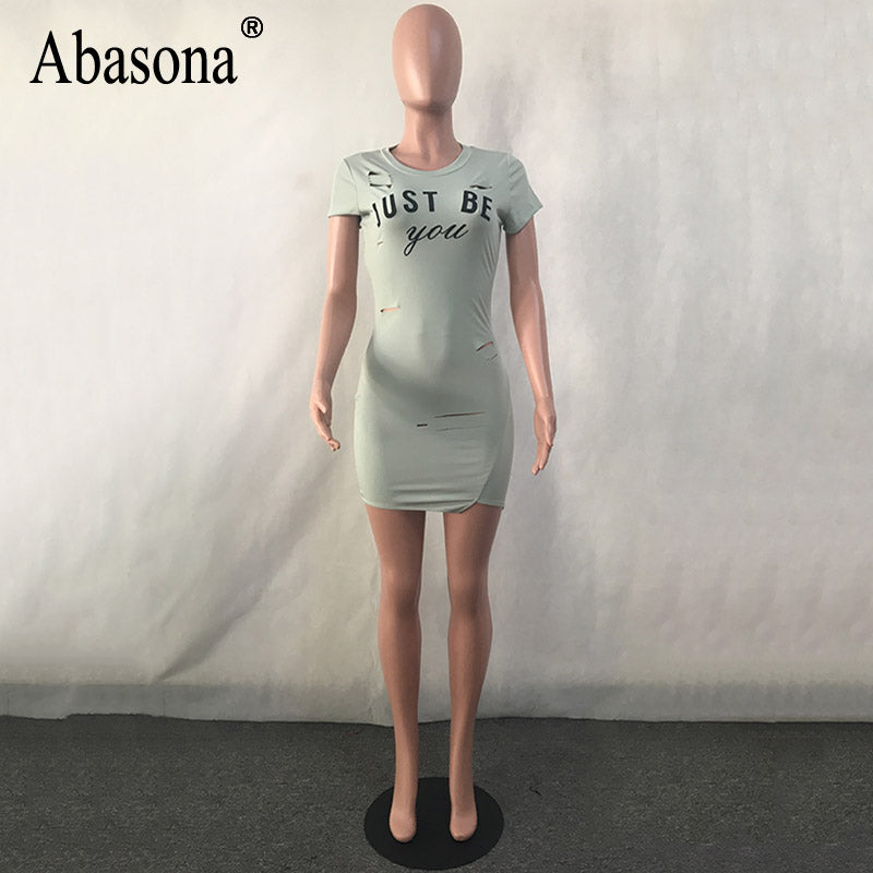 Abasona Women's Sexy Short Sleeve Ripped Bodycon Mini T-shirt Dress With Letter Print S - XL