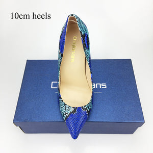 Craylorvans 2018 ¡NUEVA LLEGADA! Zapatos de tacón alto con punta en pico y estampado de serpiente azul para mujer