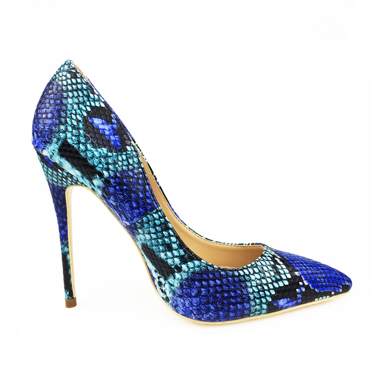 Craylorvans 2018 ¡NUEVA LLEGADA! Zapatos de tacón alto con punta en pico y estampado de serpiente azul para mujer