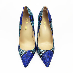 Craylorvans 2018 ¡NUEVA LLEGADA! Zapatos de tacón alto con punta en pico y estampado de serpiente azul para mujer