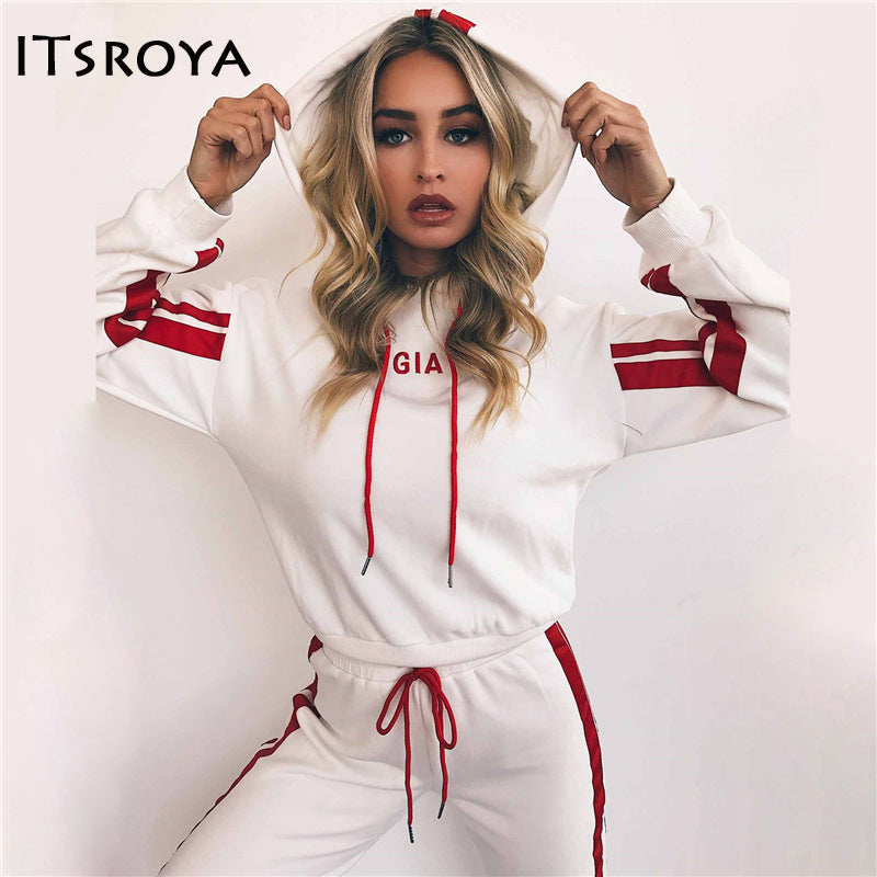 Women's Urban 2 Piece White & Red Hooded Sportswear Sweatshirt And Pant Set Sizes S - XXL