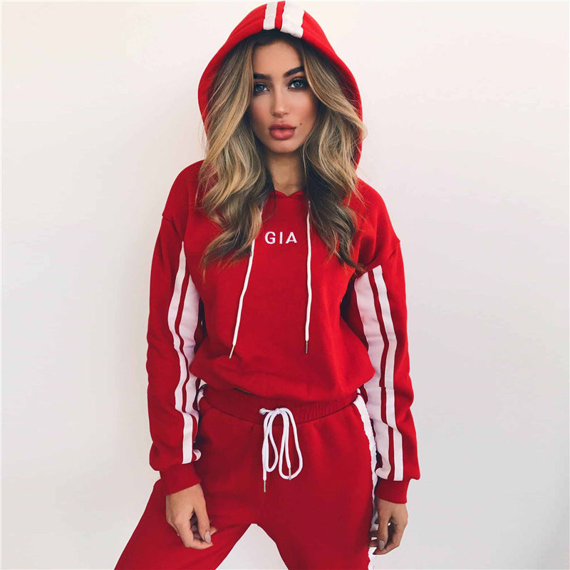 Women's Urban 2 Piece White & Red Hooded Sportswear Sweatshirt And Pant Set Sizes S - XXL