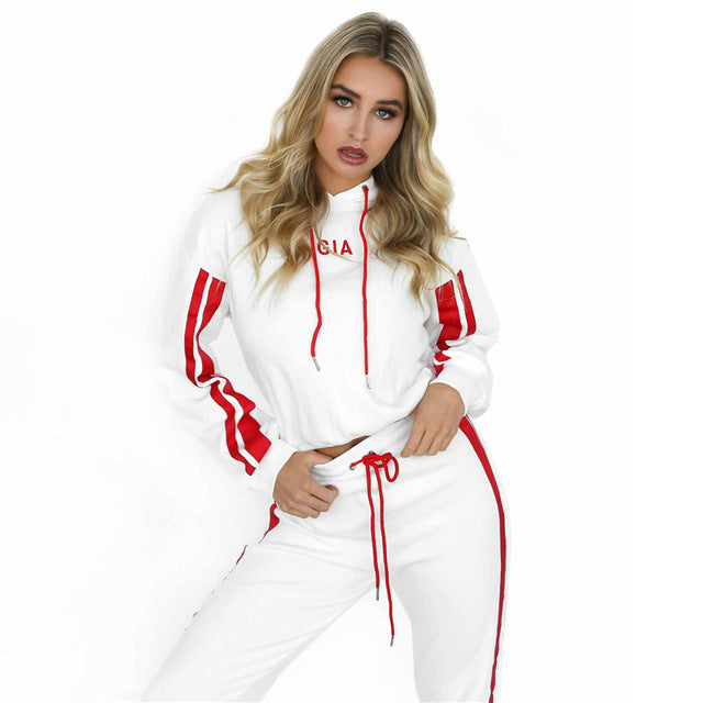 Women's Urban 2 Piece White & Red Hooded Sportswear Sweatshirt And Pant Set Sizes S - XXL