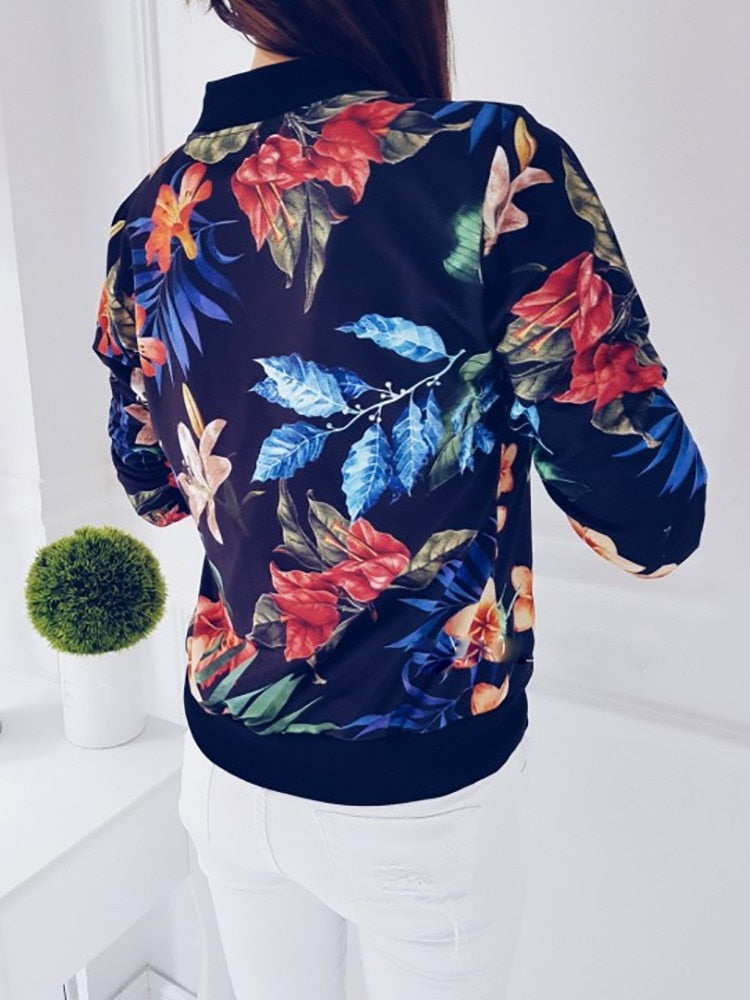 Women's Autumn Fashion Floral Zip Up Bomber Jacket Sizes S - XL