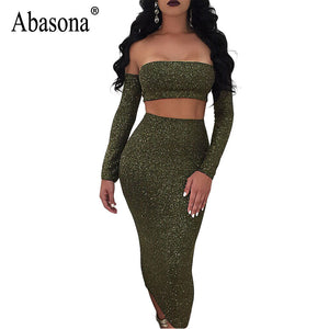 Women's Sexy Off Shoulder Sparkle Lace Up Two Piece Backless Party Dress Set By Abasona
