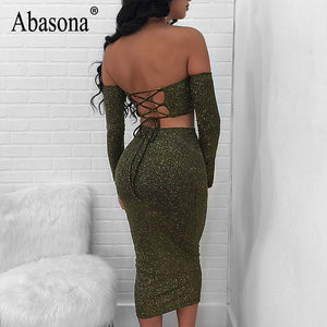 Conjunto de vestido de fiesta sin espalda de dos piezas con cordones y hombros descubiertos sexy para mujer de Abasona