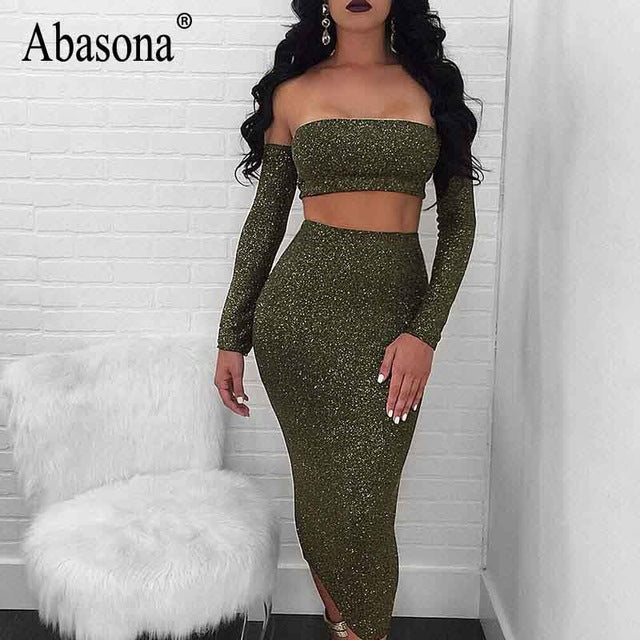 Women's Sexy Off Shoulder Sparkle Lace Up Two Piece Backless Party Dress Set By Abasona
