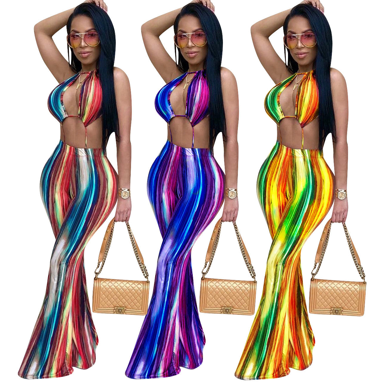 Sexy Women's Striped Nightclub Bell Bottom Style 2 Piece Outfit Sizes  XS -XL