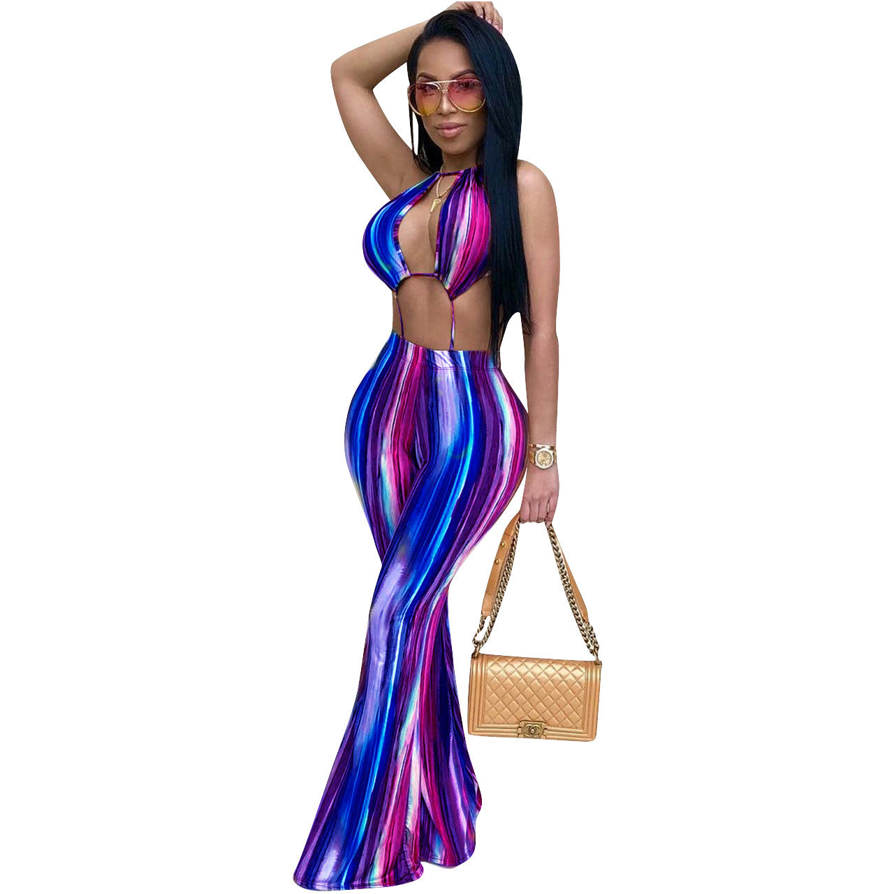 Sexy Women's Striped Nightclub Bell Bottom Style 2 Piece Outfit Sizes  XS -XL
