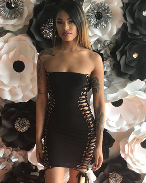 Mini vestido sexy negro sin mangas con cordones para fiesta, ajustado, tallas S - XL